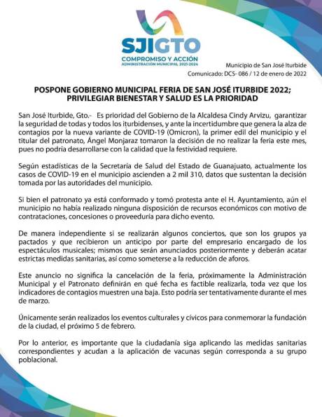 Cancelan feria en San José Iturbide 2022, solo se realizarán los eventos para la conmemoración de la fundación de la ciudad el 05 de febrero 2022